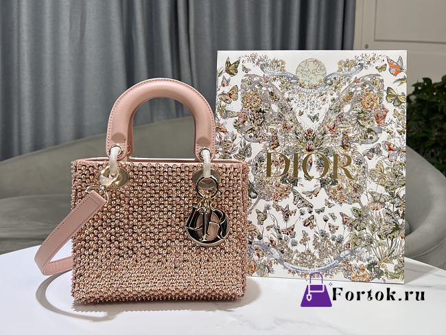 Fortok Dior Small Lady Bag Brown Smooth Calfskin And Satin With Bead Embroidery 20 x 17 x 8 cm - 1