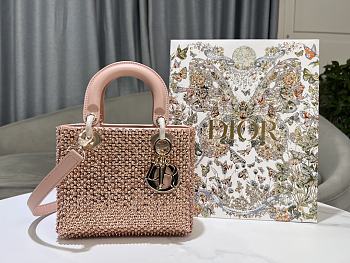 Fortok Dior Small Lady Bag Brown Smooth Calfskin And Satin With Bead Embroidery 20 x 17 x 8 cm