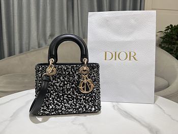 Fortok Dior Mini Lady Dior Bag Square-motif Embroidery Set with Black Strass and White Round Beads 20 x 16.5 x 8 cm