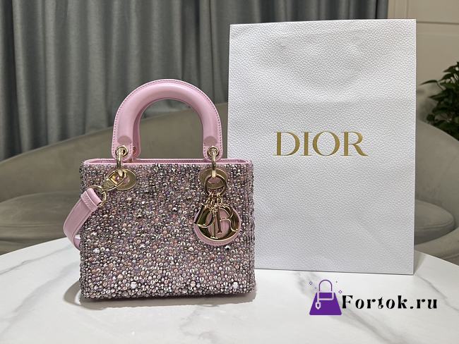 Fortok Dior Mini Lady Dior Bag Square-motif Embroidery Set with Pink Strass and Round Beads 20 x 16.5 x 8 cm - 1