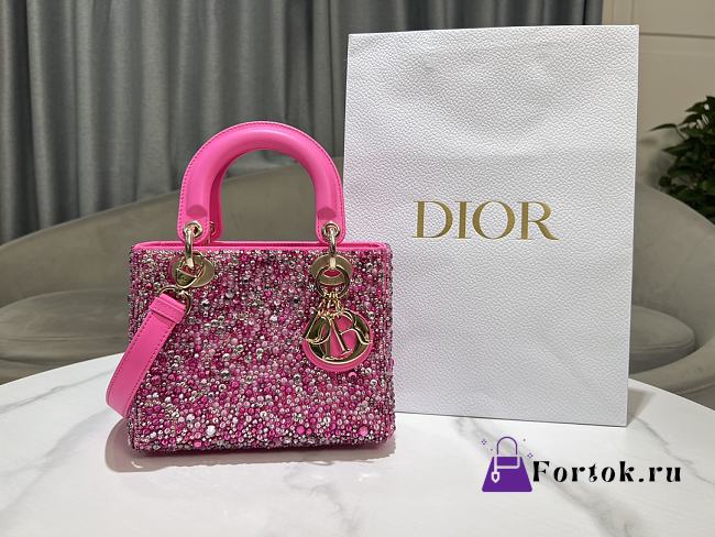Fortok Dior Mini Lady Dior Bag Square-motif Embroidery Set with Fuchsia Strass and Round Beads 20 x 16.5 x 8 cm - 1