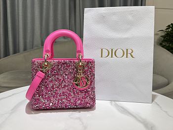 Fortok Dior Mini Lady Dior Bag Square-motif Embroidery Set with Fuchsia Strass and Round Beads 20 x 16.5 x 8 cm