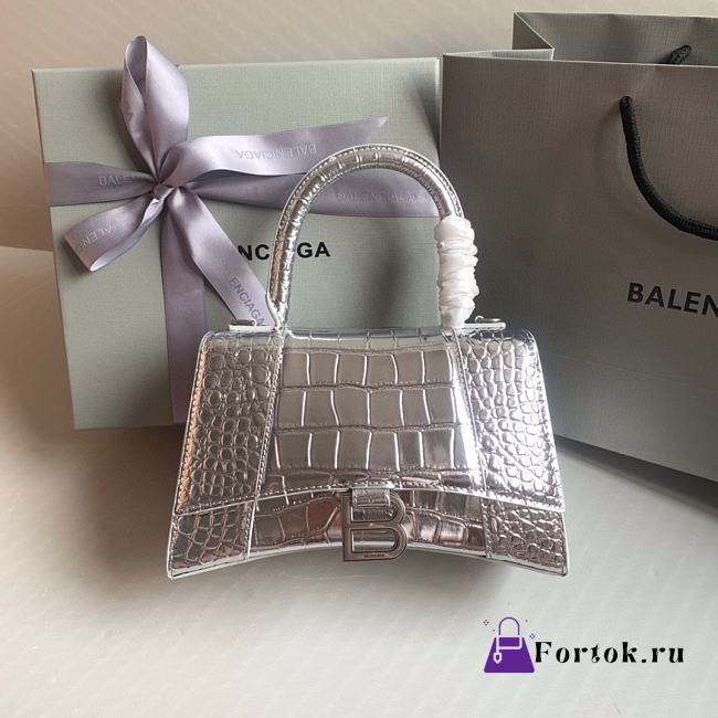 Fortok Balenciaga Hourglass Shiny Crocodile Leather Silver 23x10x14cm - 1