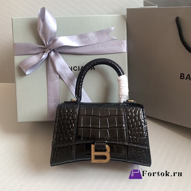 Fortok Balenciaga Hourglass Shiny Crocodile Leather Black 19x8x13cm - 1