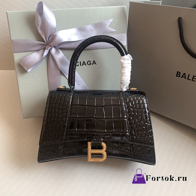 Fortok Balenciaga Hourglass Shiny Crocodile Leather Black 23x10x14cm - 1