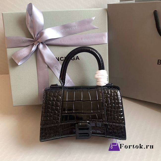 Fortok Balenciaga Hourglass Shiny Crocodile Leather Full Black 19x8x13cm - 1