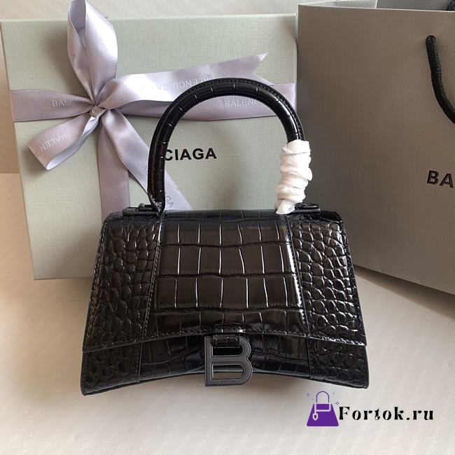 Fortok Balenciaga Hourglass Shiny Crocodile Leather Full Black 23x10x14cm - 1