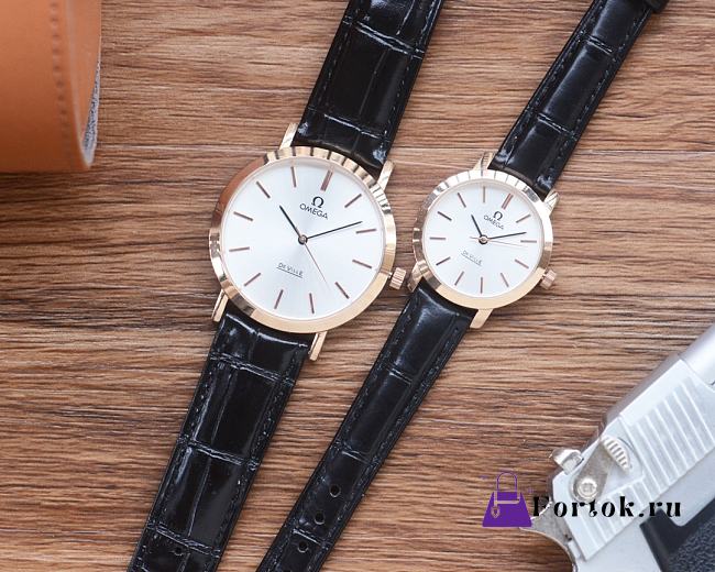 Fortok Omega Watches Men 42mm/ Women 30mm Rose Gold With Black Leather Strap  - 1