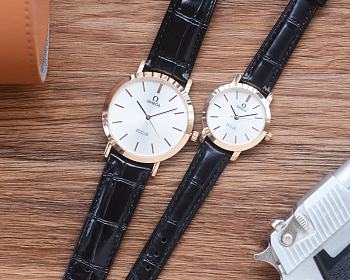 Fortok Omega Watches Men 42mm/ Women 30mm Rose Gold With Black Leather Strap 