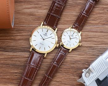Fortok Omega Watches Men 42mm/ Women 30mm Silver/ Gold/ Rose Gold With Brown Leather Strap
