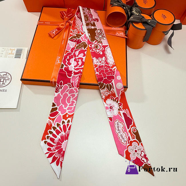 Fortok Hermes Twilly Silk in red-dyed pattern 02 5x86 cm  - 1