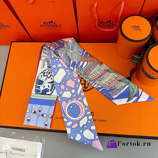Fortok Hermes Twilly Silk in blue-dyed pattern 5x86cm - 1