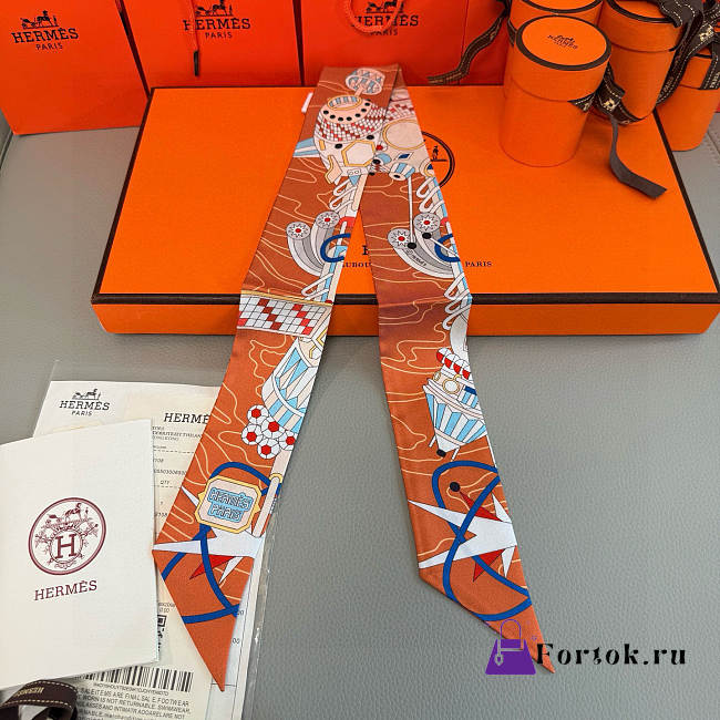 Fortok Hermes Twilly Silk in orange-dyed pattern 5x86cm - 1