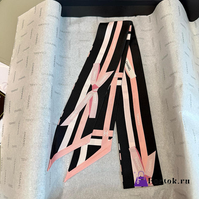 Fortok chanel Silk Bow Slim Bandeau Scarf Black Light Pink 6x120cm - 1