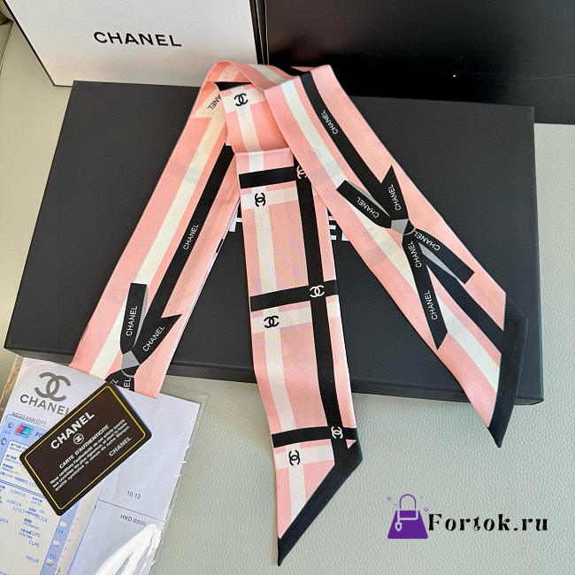 Fortok chanel Silk Bow Slim Bandeau Scarf Light Pink Black 6x120cm - 1