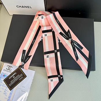 Fortok chanel Silk Bow Slim Bandeau Scarf Light Pink Black 6x120cm