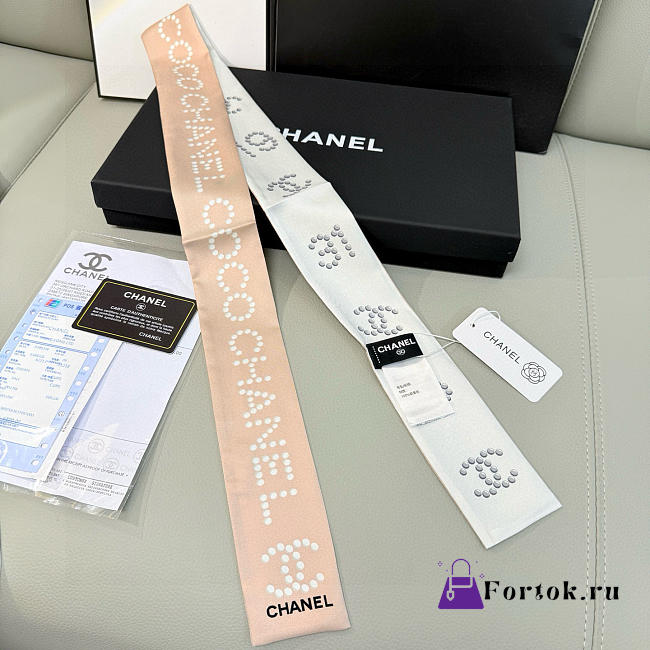 Fortok chanel Silk Twilly Bandeau Scarf Beige - 1