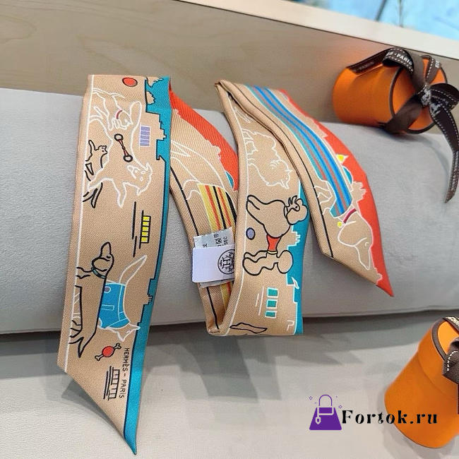 Fortok Hermes Silk Twilly Bandeau Scarf Beige 5X86cm - 1