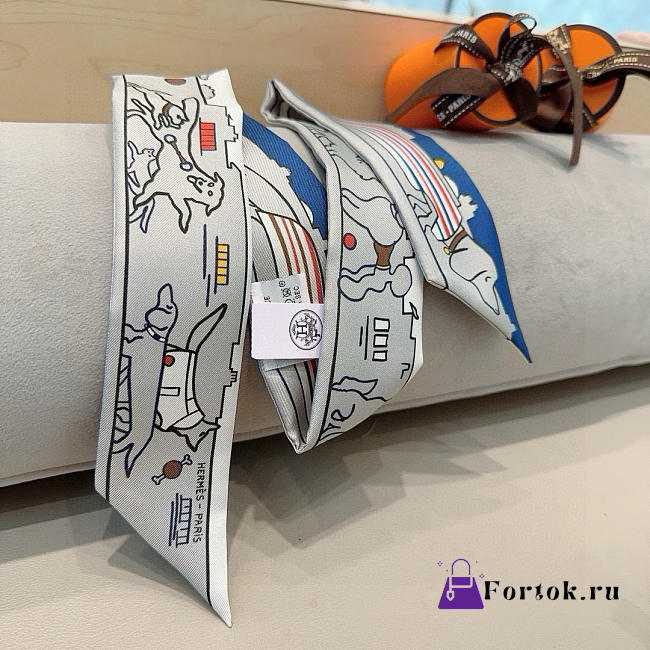 Fortok Hermes Silk Twilly Bandeau Scarf Grey 5X86cm - 1