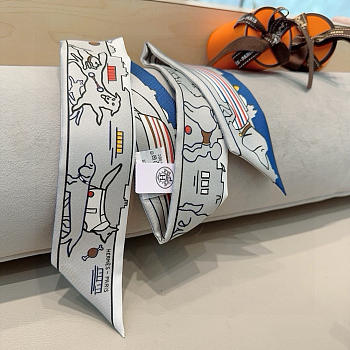 Fortok Hermes Silk Twilly Bandeau Scarf Grey 5X86cm
