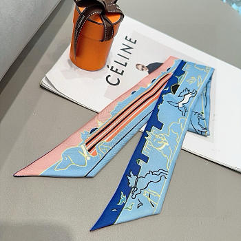 Fortok Hermes Silk Twilly Bandeau Scarf Blue 5X86cm 