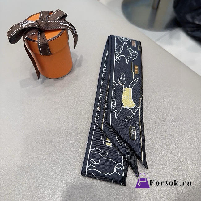 Fortok Hermes Silk Twilly Bandeau Scarf Black 5X86cm - 1