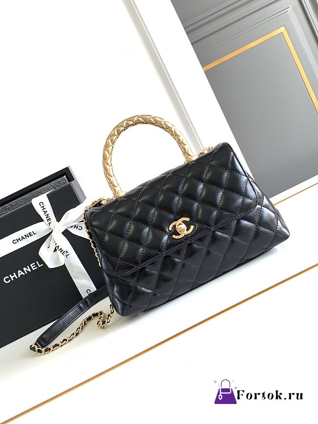 Fortok Chanel Flap Bag with Top Handle Black 23cm - 1