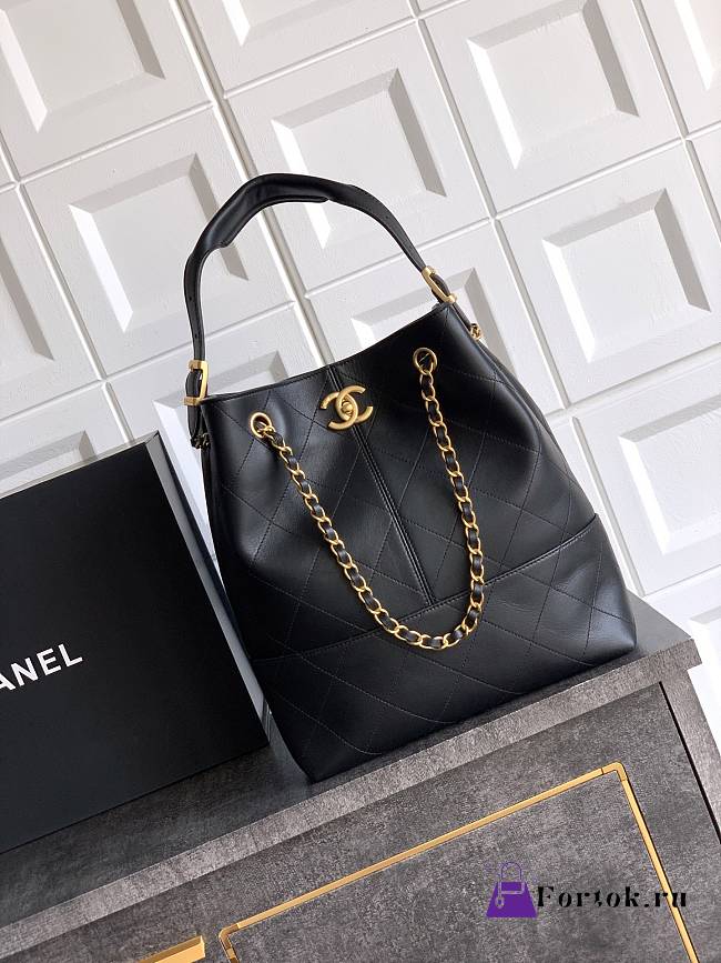 Fortok Chanel Shopping Bag Calfskin & Gold-Tone Metal Black 31*28*12cm  - 1
