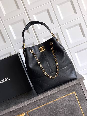 Fortok Chanel Shopping Bag Calfskin & Gold-Tone Metal Black 31*28*12cm 