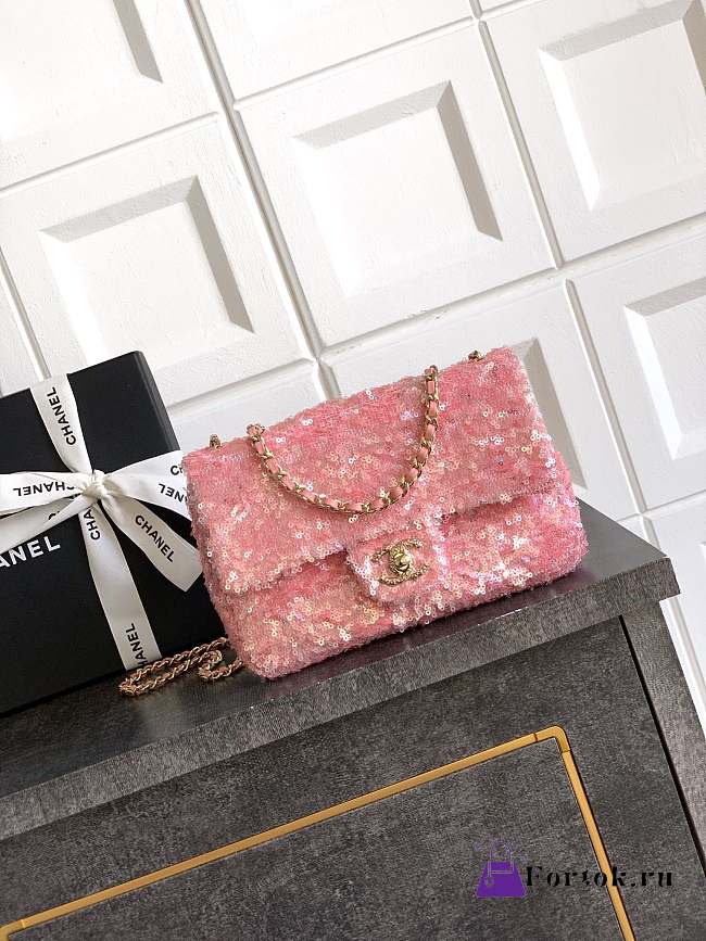 Fortok Chanel Pink Sequin Flap Bag 20cm - 1