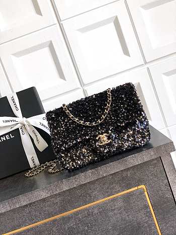 Fortok Chanel Black Sequin Flap Bag 20cm