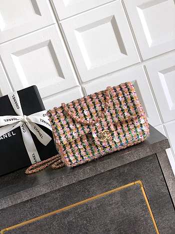 Fortok Chanel Pink With Green Details Sequin Flap Bag 20cm