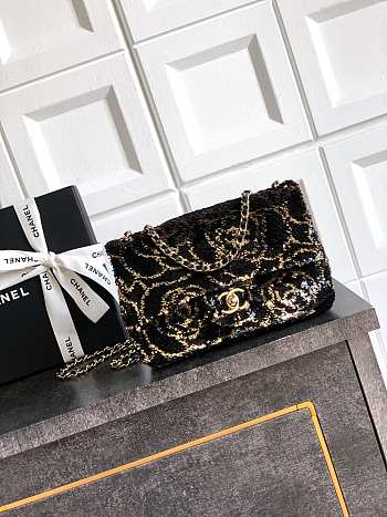 Fortok Chanel Black With Rose Details Sequin Flap Bag 20cm
