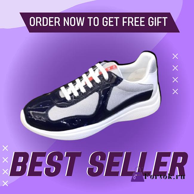 Fortok Prada America's Cup Dark Blue Patent Leather and Grey Technical Fabric Sneakers - 1