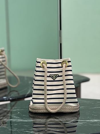 Fortok Prada Mariner small striped fabric bucket bag Ivory/Blue 28x23.5x15cm 