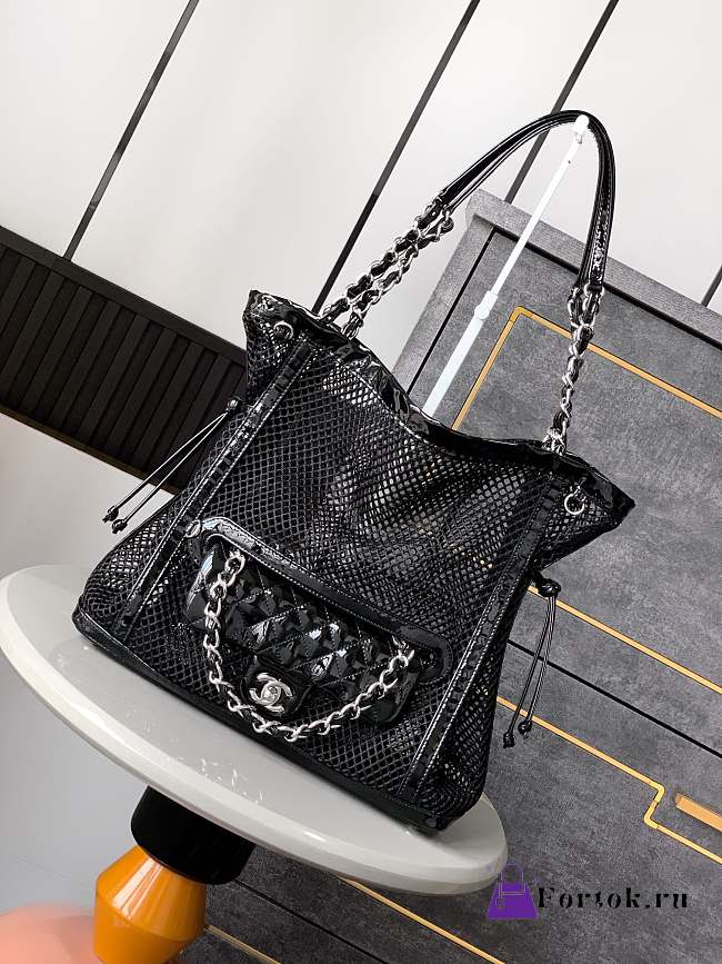 Fortok Chanel Cruise 2011 Double Shopping Classic Flap Mesh Woven Bag Black 30x32x9 cm - 1