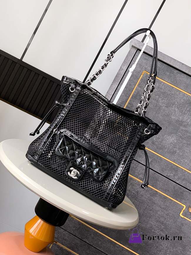 Fortok Chanel Cruise 2011 Double Shopping Classic Flap Mesh Woven Bag Black 26x28X9 cm - 1
