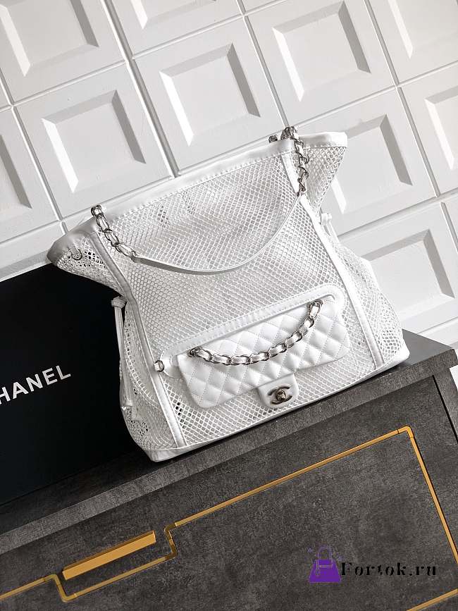 Fortok Chanel Cruise 2011 Double Shopping Classic Flap Mesh Woven Bag White 34x36x12 cm - 1