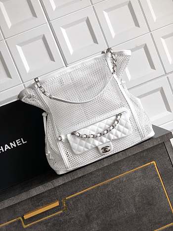 Fortok Chanel Cruise 2011 Double Shopping Classic Flap Mesh Woven Bag White 34x36x12 cm