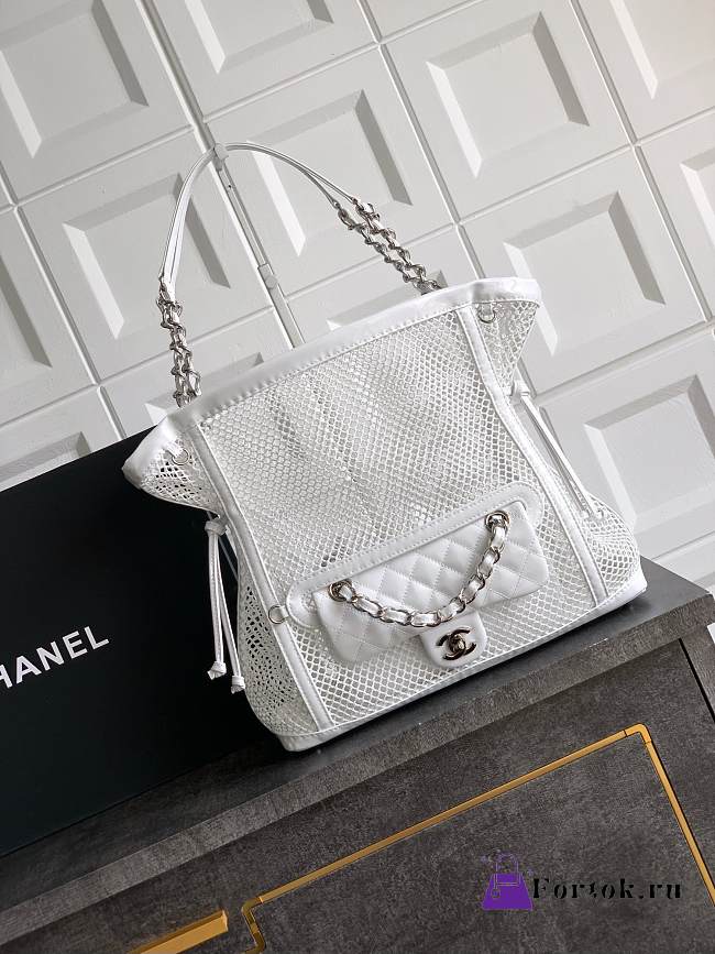 Fortok Chanel Cruise 2011 Double Shopping Classic Flap Mesh Woven Bag White 30x32x9 cm - 1