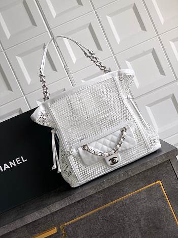 Fortok Chanel Cruise 2011 Double Shopping Classic Flap Mesh Woven Bag White 30x32x9 cm