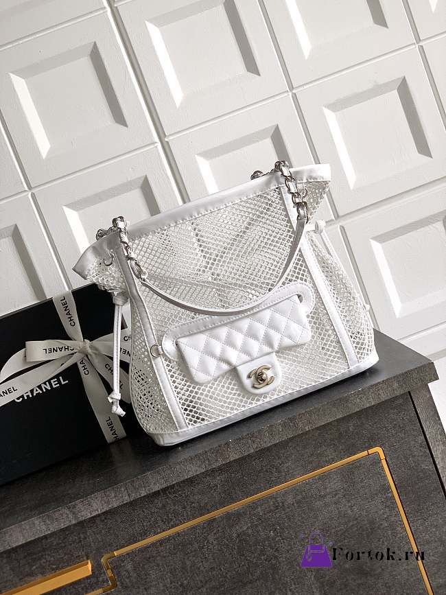 Fortok Chanel Cruise 2011 Double Shopping Classic Flap Mesh Woven Bag White 26x28X9 cm - 1