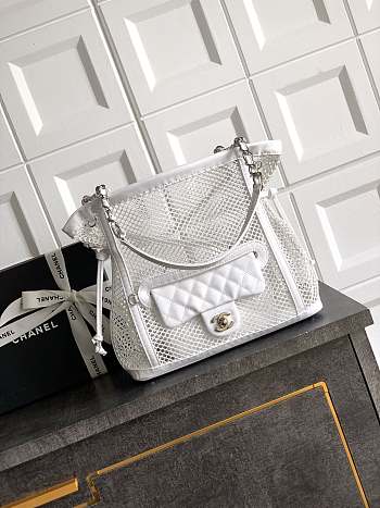 Fortok Chanel Cruise 2011 Double Shopping Classic Flap Mesh Woven Bag White 26x28X9 cm