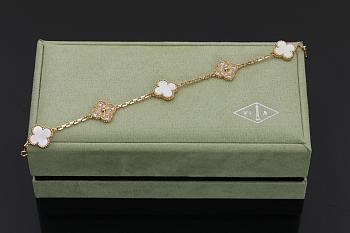 Fortok Van Cleef & Arpels Alhambra White Mother of Pearl and Diamond 5 Motifs Gold Bracelet