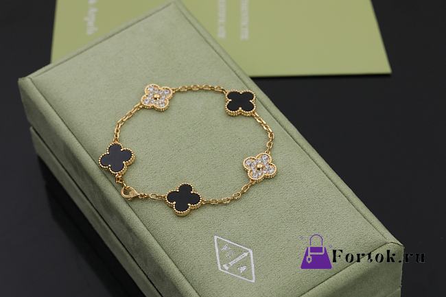 Fortok Van Cleef & Arpels Alhambra Black Mother of Pearl and Diamond 5 Motifs Gold Bracelet - 1