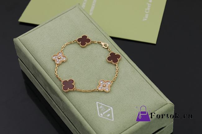 Fortok Van Cleef & Arpels Alhambra Red Mother of Pearl and Diamond 5 Motifs Gold Bracelet - 1