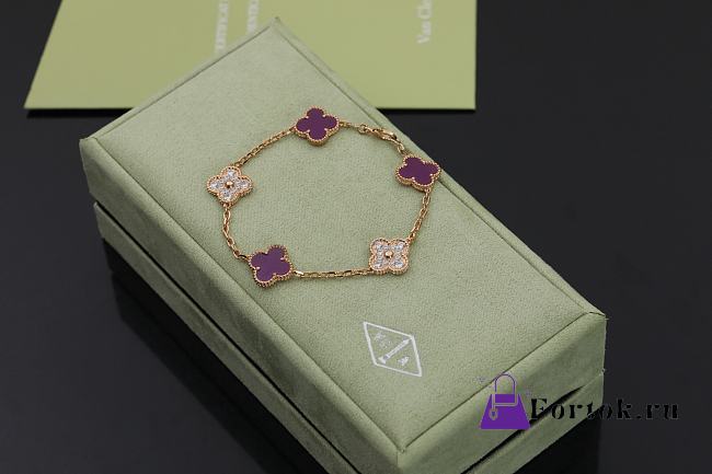 Fortok Van Cleef & Arpels Alhambra Purple Mother of Pearl and Diamond 5 Motifs Gold Bracelet - 1