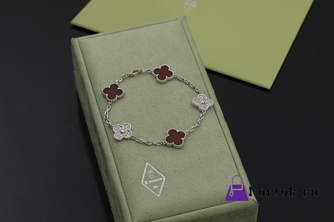 Fortok Van Cleef & Arpels Alhambra Red Mother of Pearl and Diamond 5 Motifs Silver Bracelet - 1