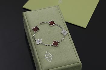 Fortok Van Cleef & Arpels Alhambra Red Mother of Pearl and Diamond 5 Motifs Silver Bracelet