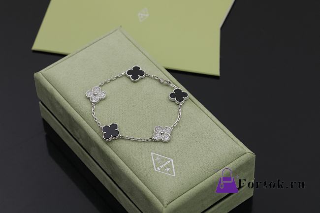 Fortok Van Cleef & Arpels Alhambra Black Mother of Pearl and Diamond 5 Motifs Silver Bracelet - 1